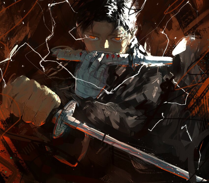 1boy, bandaged_hand, bandages, black_hair, colorized, commentary, electricity, highres