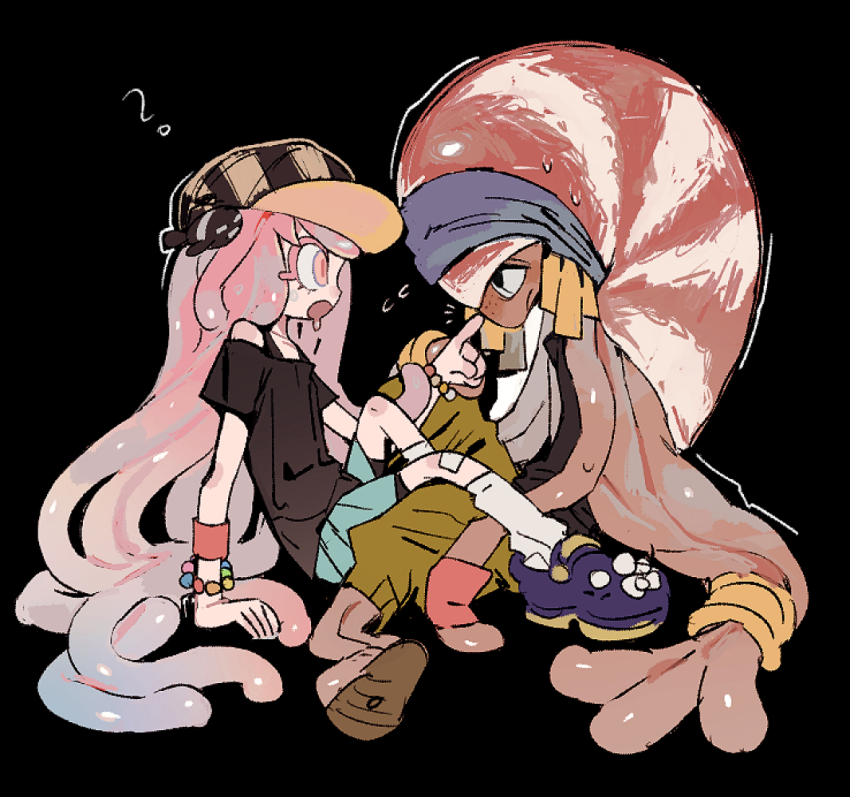 1boy, 1girl, :o, ?, aqua_skirt, bandaid, bandaid_on_knee, bandaid_on_leg, bead_bracelet, beads, bike_shorts, black_background, black_bra, black_eyes, black_hat, black_shirt, bra, bracelet, cape, clownfish, colored_skin, commentary, drooling, facing_another, fish, flying_sweatdrops, freckles, gnarly_eddy_(splatoon), green_shorts, harmony's_clownfish_(splatoon), harmony_(splatoon), hat, homilmugi, jewelry, long_hair, loose_socks, low-tied_long_hair, mouth_drool, nautilus_(splatoon), nintendo, pink_eyes, pink_hair, pink_skin, poking, purple_shoes, sandals, shell, shirt, shoes, short_sleeves, shorts, sitting, skirt, socks, splatoon_(series), splatoon_3, sweat, tentacle_hair, thick_eyelashes, underwear