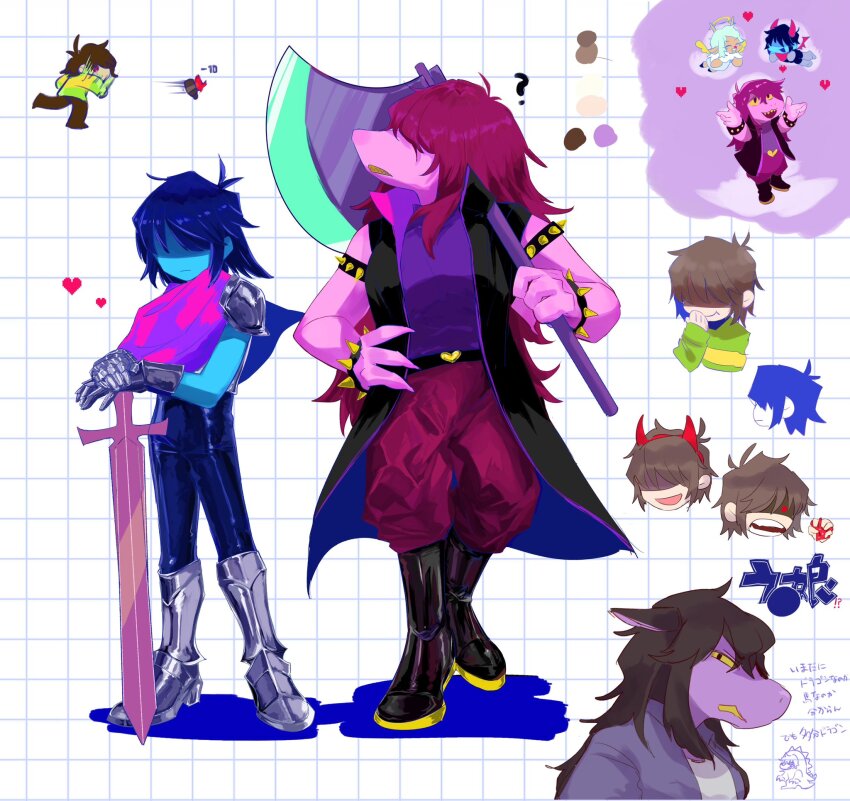 1other, 2girls, 5x5fo, ?, angel, armlet, armor, armored_boots