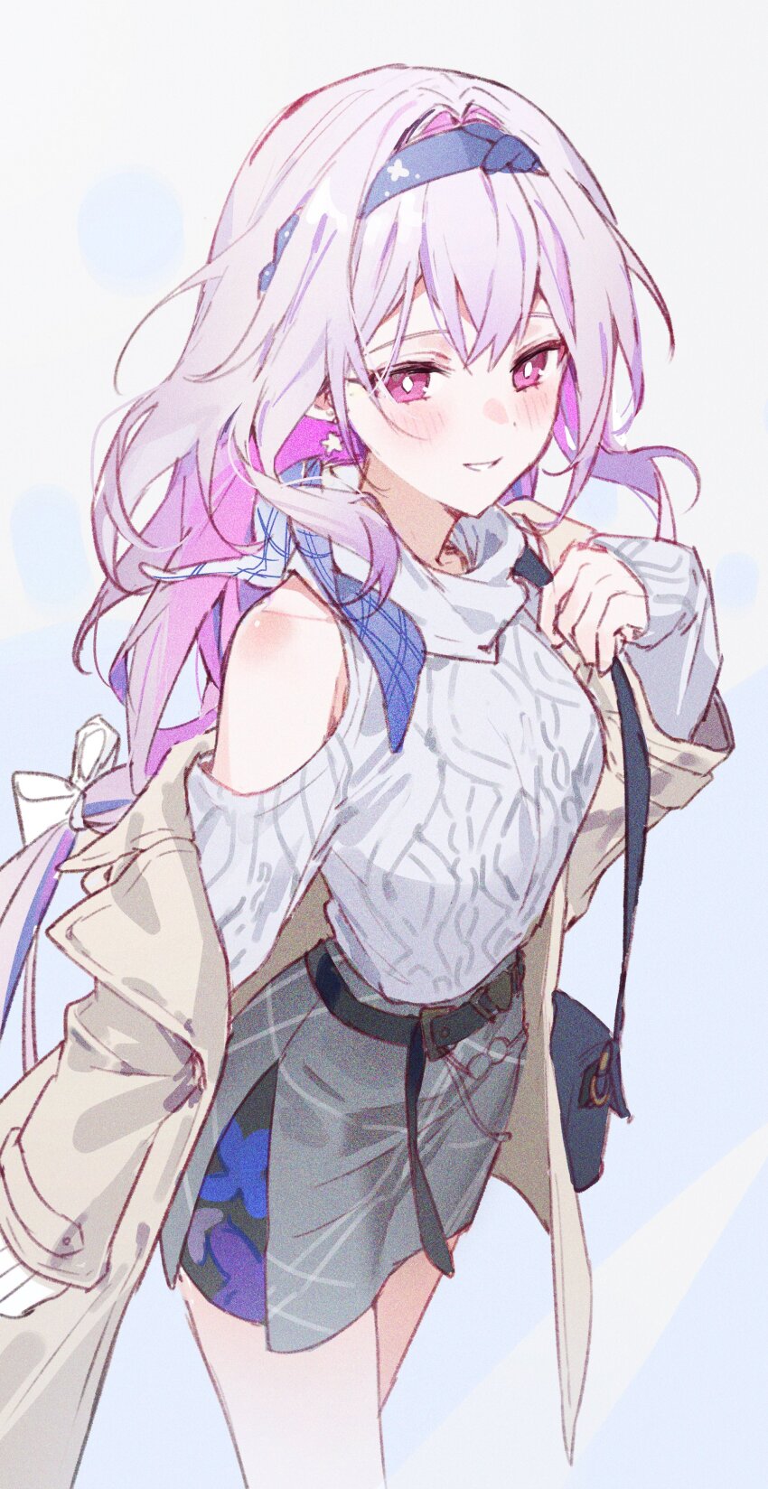 1girl, absurdres, bag, belt, black_hairband, brown_jacket, castorice_(honkai:_star_rail), castorice_(luckin_coffee)_(honkai:_star_rail)