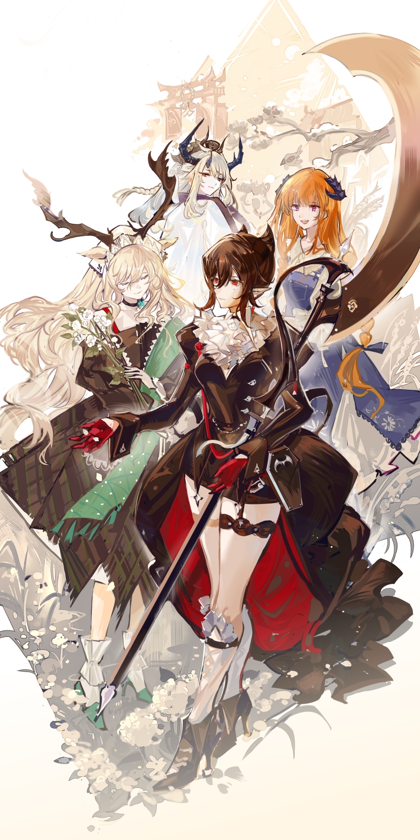 4girls, absurdres, antlers, arknights, bagpipe_(arknights), bagpipe_(echo_of_bagpipes)_(arknights), black_dress, black_hair