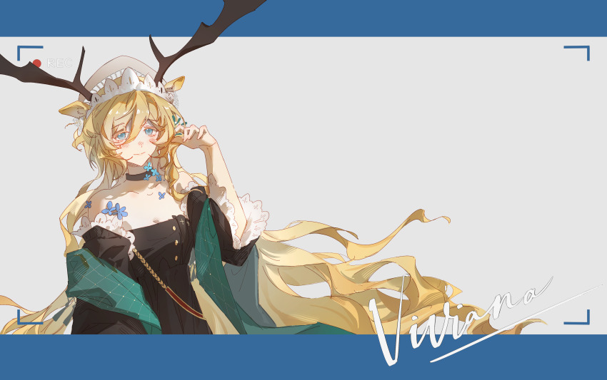 1girl, absurdres, antlers, arknights, bare_shoulders, black_choker, black_dress, blonde_hair