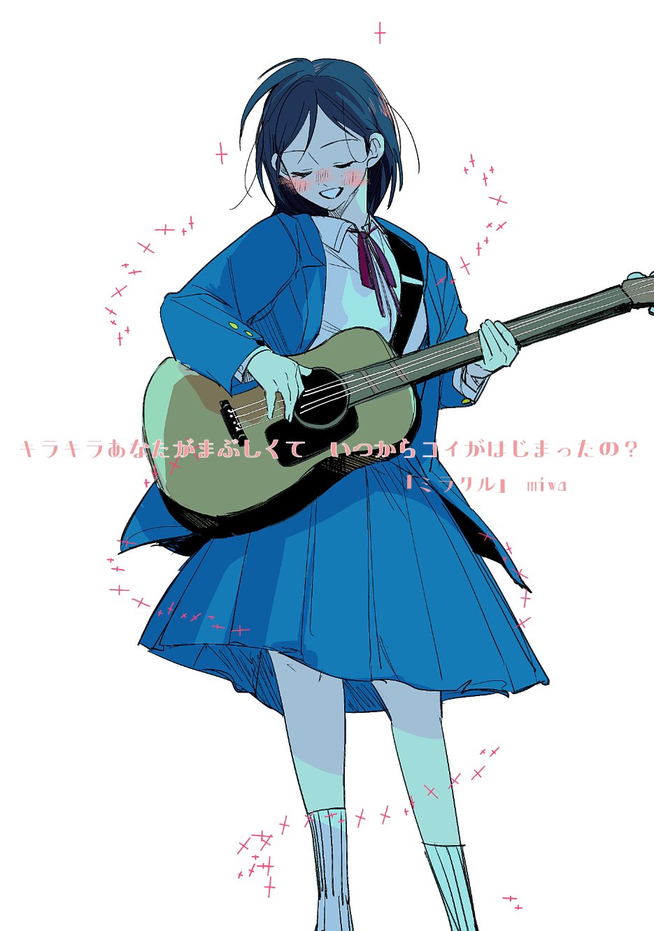 1girl, acoustic_guitar, black_hair, blue_jacket, blue_skirt, blush, closed_eyes, f19ed814