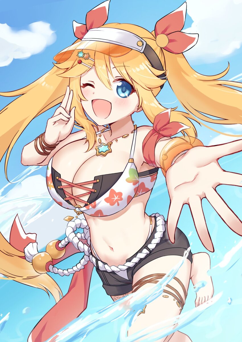 1girl, alternate_costume, barefoot, blonde_hair, blue_eyes, blue_sky, bracelet, breasts