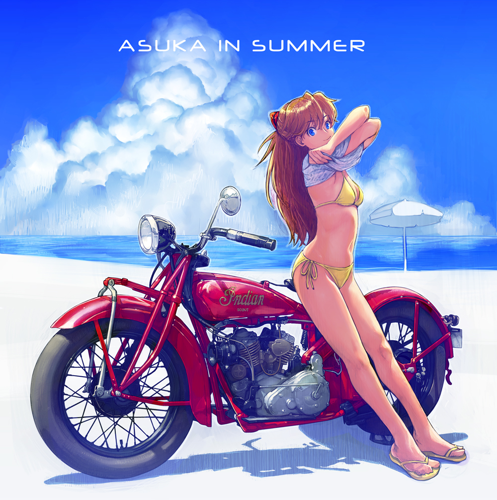 1girl, beach, beach_umbrella, bikini, blue_eyes, boyaking, brown_hair, clothes_lift