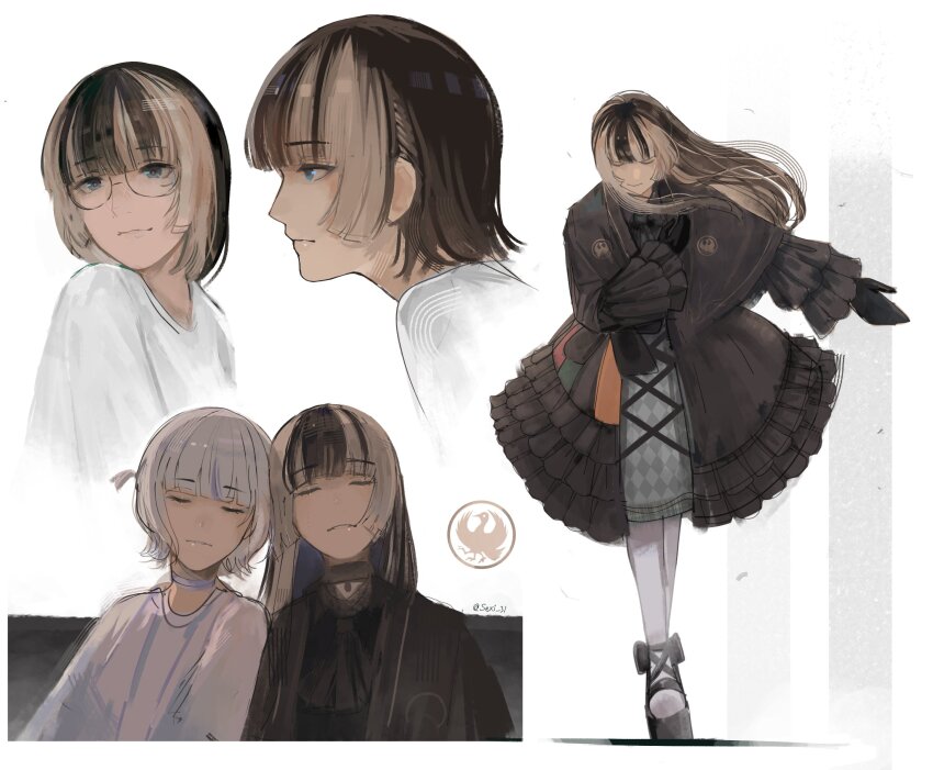 2girls, black_dress, black_gloves, black_hair, black_shoes, blue_eyes, blunt_bangs, bowing, closed_eyes, closed_mouth, commentary, cross-laced_clothes, cross-laced_dress, dress, english_commentary, floating_hair, from_side, full_body, glasses, gloves, gothic_lolita, grey_hair, heads_together, highres, hololive, hololive_dev_is, juufuutei_raden, juufuutei_raden_(1st_costume), lolita_fashion, long_hair, long_sleeves, looking_at_viewer, multicolored_hair, multiple_girls, multiple_views, profile, purple_hair, seki_31_(artist), shirt, shoes, short_hair, side-by-side, sleeping, standing, streaked_hair, t-shirt, todoroki_hajime, todoroki_hajime_(1st_costume), twitter_username, two-tone_hair, virtual_youtuber, white_shirt, wide_sleeves, yatagarasu