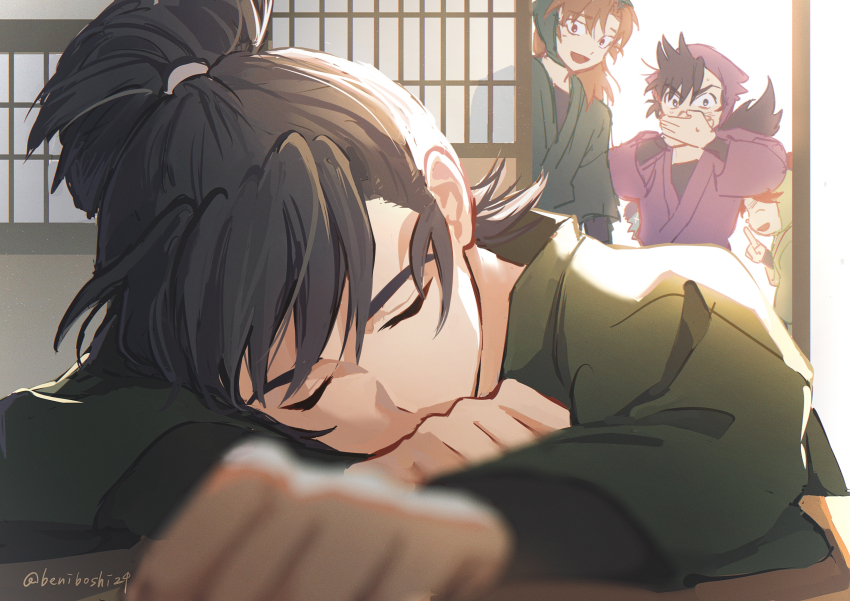 4boys, absurdres, black_hair, brown_hair, closed_eyes, covering_own_mouth, green_shirt, hair_between_eyes