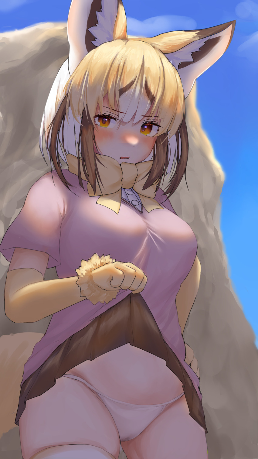 1girl, absurdres, animal_ear_fluff, animal_ears, blonde_hair, blue_sky, blush, boulder