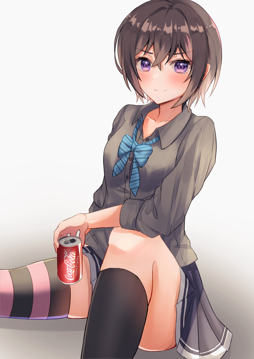 1girl, absurdres, asymmetrical_legwear, belt, black_hair, black_shirt, black_shoes, black_skirt