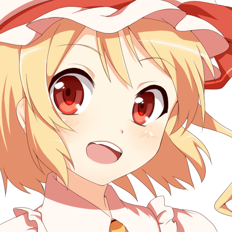 1girl, blonde_hair, bow, close-up, embodiment_of_scarlet_devil, eyebrows, female_focus, flandre_scarlet, frilled_shirt_collar, frills, hat, hat_bow, light_smile, open_mouth, red_bow, red_eyes, sakuraba_hinano, short_hair, solo, touhou, white_background, white_hat