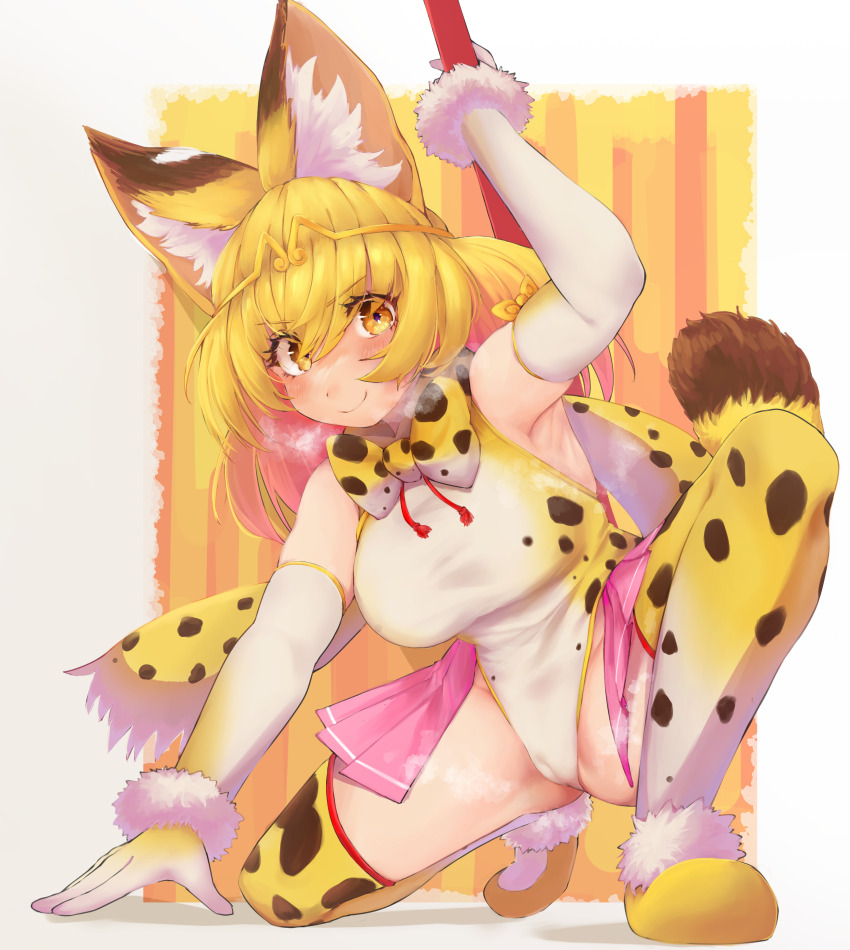 1girl, absurdres, alternate_costume, animal_ears, bare_shoulders, blonde_hair, blush, bow, bowtie, cameltoe, cat_ears, cat_girl, cat_tail, circlet, commentary_request, cosplay, elbow_gloves, flats, fur_trim, gloves, golden_snub-nosed_monkey_(kemono_friends), golden_snub-nosed_monkey_(kemono_friends)_(cosplay), hair_between_eyes, heavy_breathing, highres, kemono_friends, kemono_friends_3, leotard, pink_skirt, pleated_skirt, print_bow, print_bowtie, print_leotard, print_thighhighs, serval_(kemono_friends), shoes, short_hair, showgirl_skirt, sidelocks, skirt, sleeveless, smile, solo, son_serval_(kemono_friends), squatting, staff, tail, takara_(takara0508), thighhighs, white_fur, white_gloves, white_leotard, yellow_eyes, yellow_shoes, zettai_ryouiki