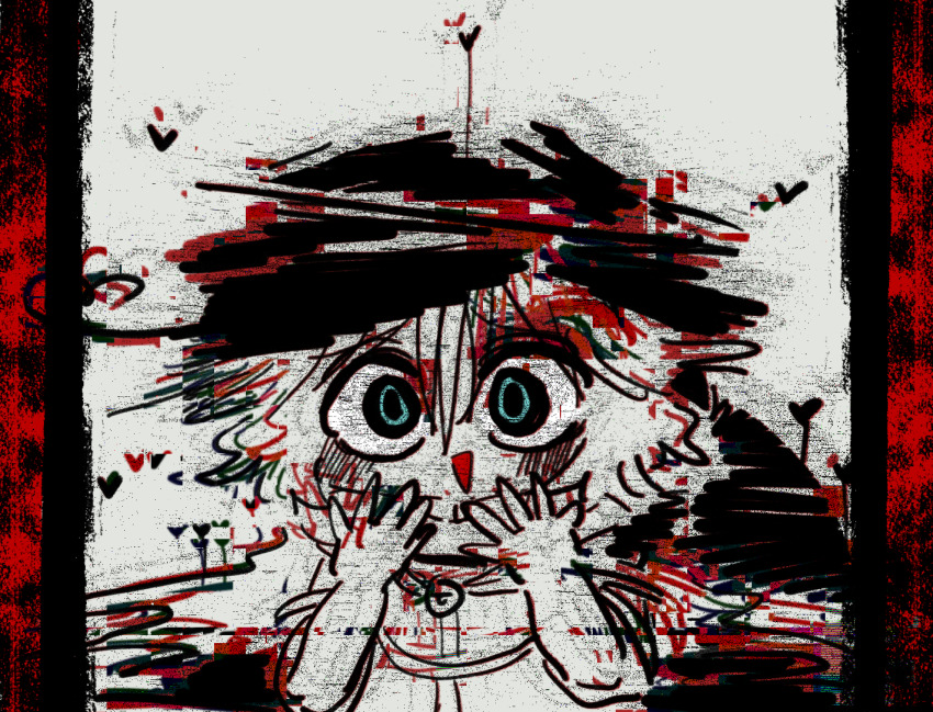 1other, aodo_mikan, bare_arms, blue_eyes, blush, border, brooch, choker, chromatic_aberration, cine_hamal, crazy, eye_brooch, floating_cape, glitch, hair_between_eyes, hands_on_own_cheeks, hands_on_own_face, heart, jacket, jewelry, koishi_komeiji's_heart-throbbing_adventure, kuzu_suzumi, len'en, open_clothes, open_jacket, open_mouth, parody, partially_colored, pillarboxed, red_border, shirt, short_hair, sleeveless, sleeveless_jacket, sleeveless_shirt, solo, style_parody, touhou, turban, upper_body, white_background