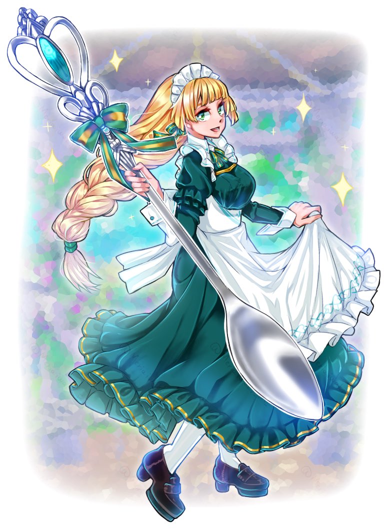 apron, blonde_hair, blue_dress, bow, breasts, dress, fire_emblem, fire_emblem:_three_houses