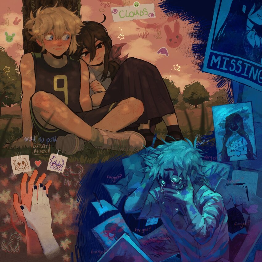 1girl, 4boys, alternate_costume, alternate_hairstyle, alternate_universe, antenna_hair, artist_name, aubrey_(faraway)_(omori)