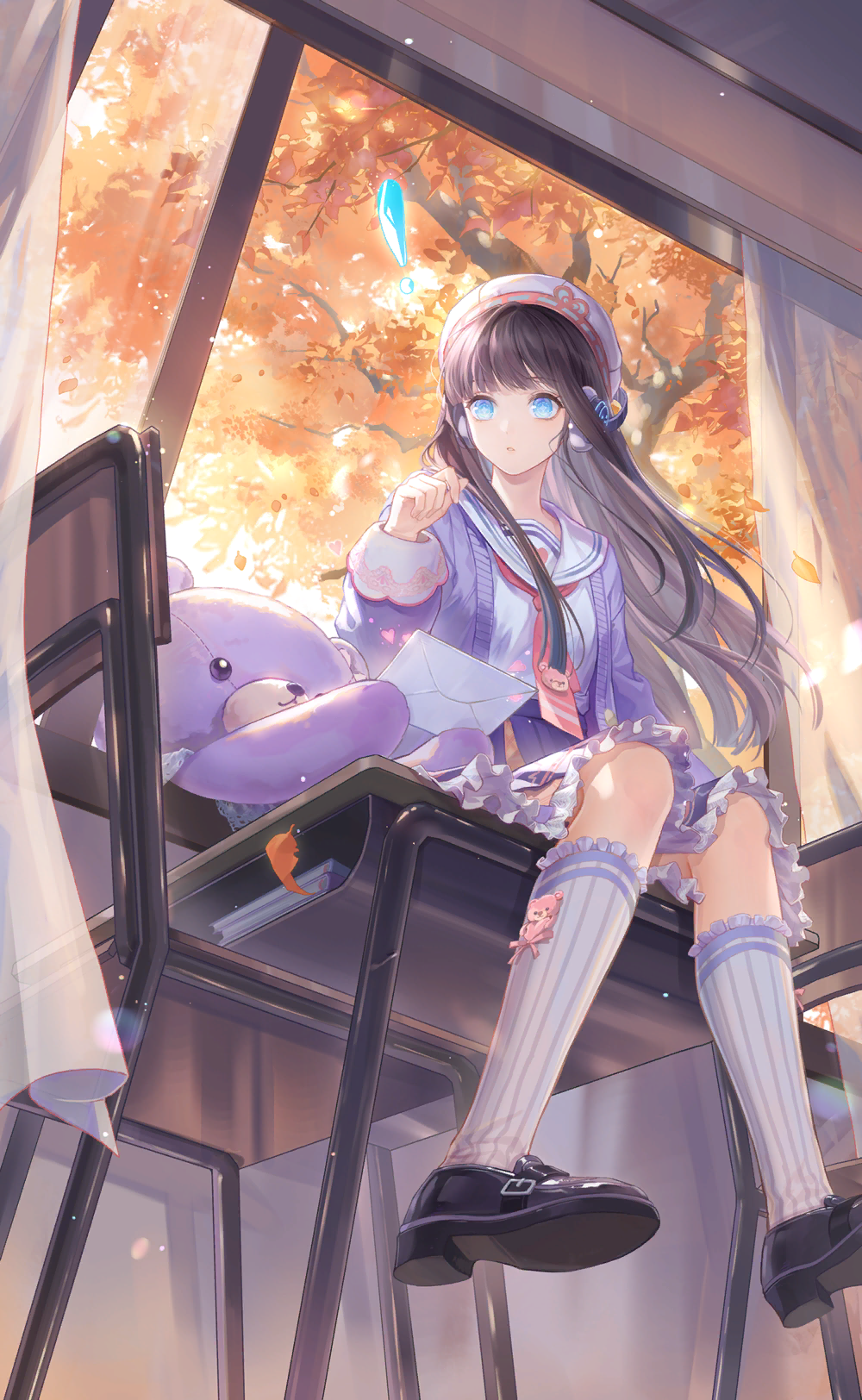 !, 1girl, ai_(shining_nikki), animal_print, artist_request, ascot, autumn, autumn_leaves