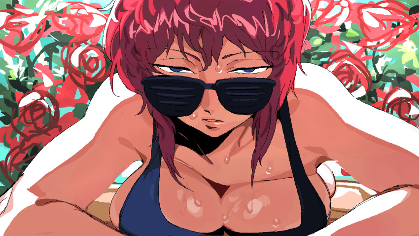 1girl, absurdres, bikini, blue_bikini, blue_eyes, breasts, cleavage, collarbone, floral_background, gundam, gundam_zz, haman_karn, highres, looking_at_viewer, lying, on_stomach, parted_lips, red_hair, shutter_shades, solo, sweat, swimsuit, upper_body, whoopsatro, youtube_video_thumbnail