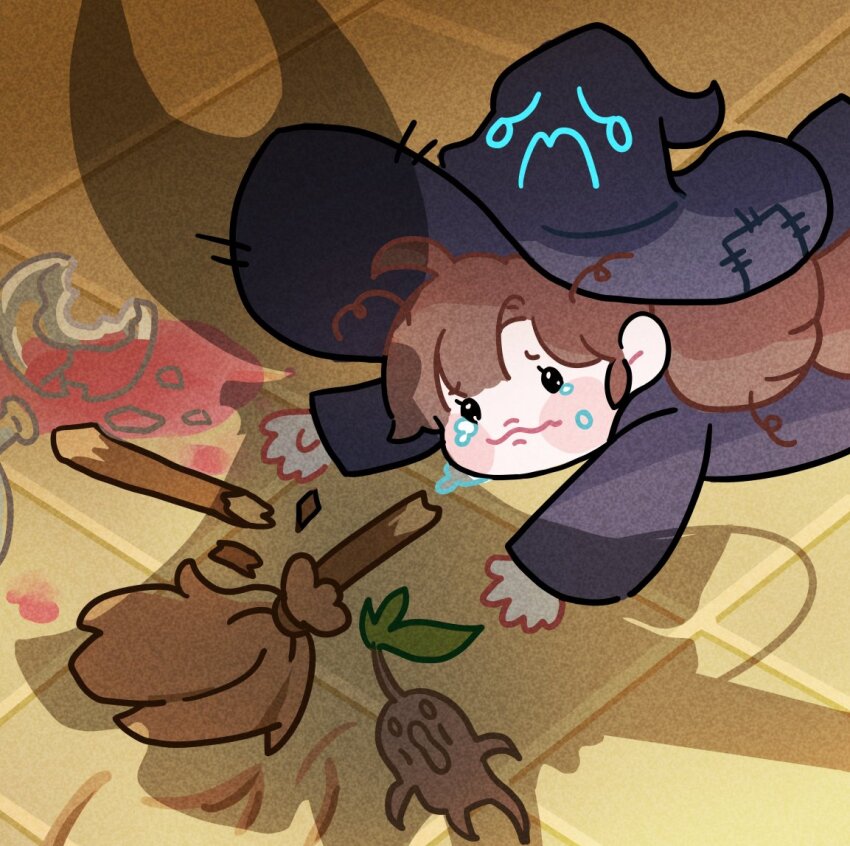 apu_spills_his_tendies_(meme), broken_broom, brown_hair, crying, hat, hollow_knight, hollow_knight:_silksong, hornet_(hollow_knight)