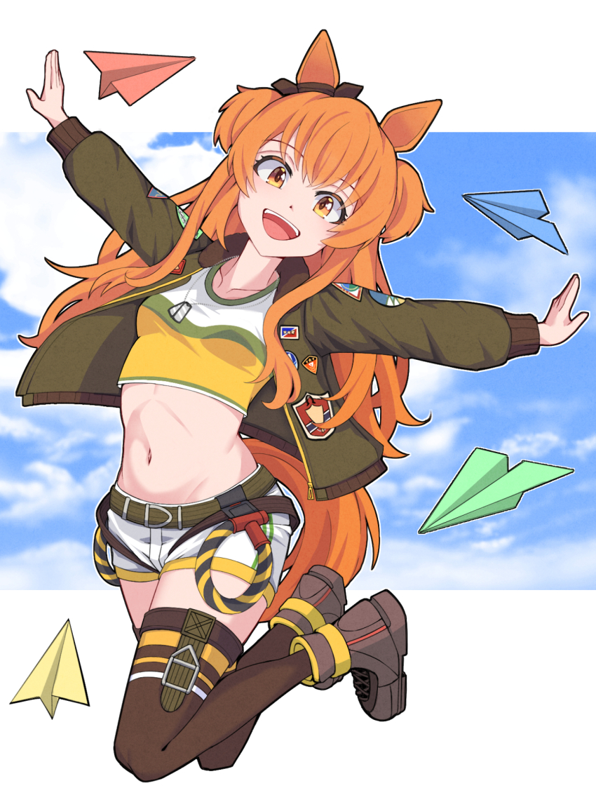 1girl, :d, akaruii_31, animal_ears, belt, blue_sky, bomber_jacket, bow