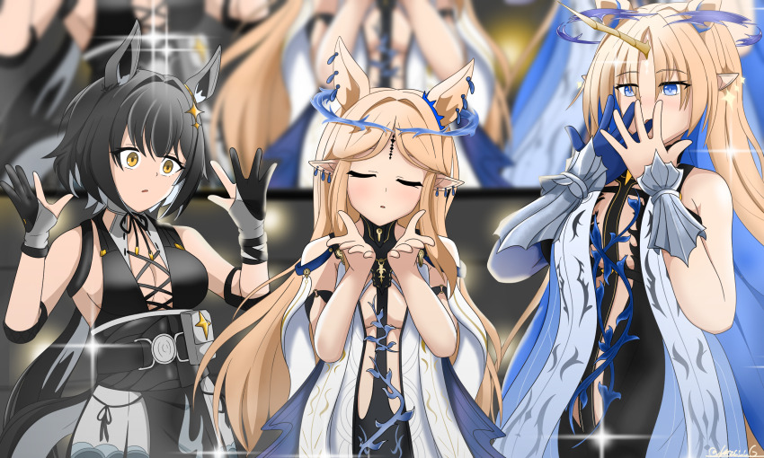 3girls, animal_ears, bare_shoulders, black_collar, black_dress, black_gloves, black_hair, blonde_hair