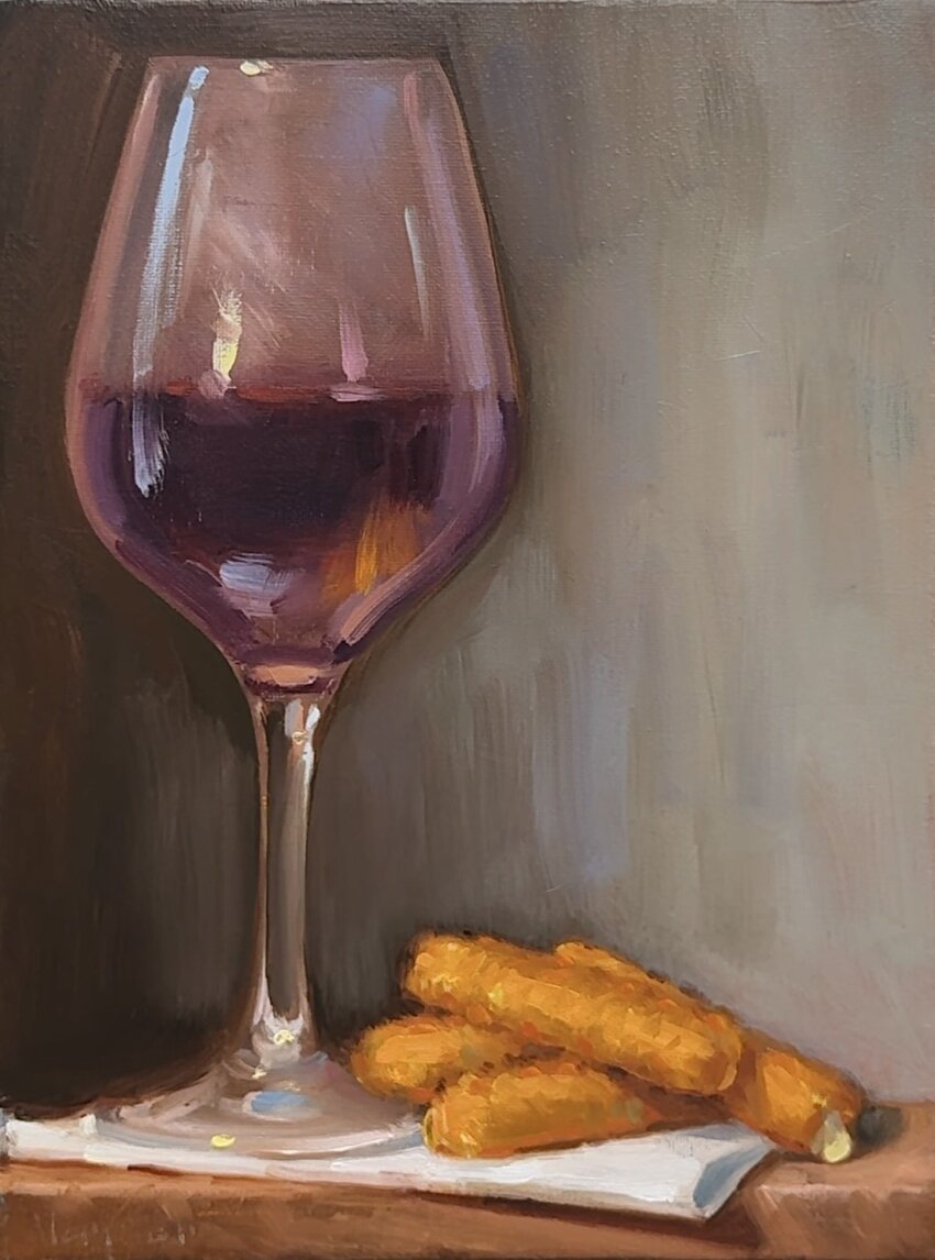 alcohol, cup, drink, drinking_glass, food, food_focus, highres, mozzarella_stick, no_humans, noah_verrier, original, red_wine, still_life, wine, wine_glass
