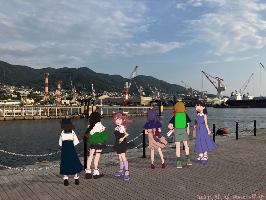 6+girls, akebono_(kancolle), akebono_(kure_2025)_(kancolle), black_dress, black_hair, blue_skirt, blue_sky, braid