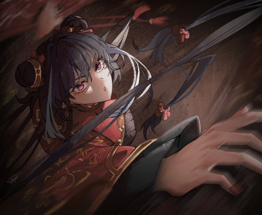 1girl, :o, black_hair, chinese_clothes, commentary, double_bun, hair_bun, jia_xichun_(project_moon)