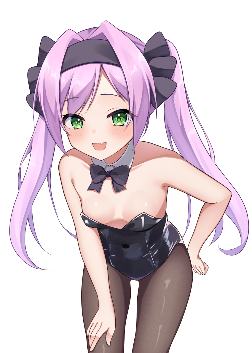 1girl, absurdres, animal_ear_hairband, animal_ears, black_bow, black_bowtie, black_hairband, black_leotard, black_pantyhose, bow, bowtie, breasts, cool_squid398, detached_collar, fake_animal_ears, feet_out_of_frame, green_eyes, hair_intakes, hairband, hand_on_own_thigh, highres, leaning_forward, leotard, long_hair, looking_at_viewer, misaki_sango, open_mouth, pantyhose, purple_hair, re:stage!, simple_background, small_breasts, smile, solo, strapless, strapless_leotard, twintails, white_background