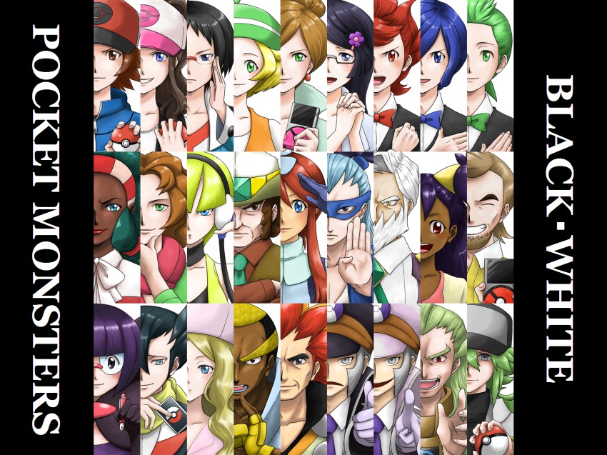 10s, 6+boys, 6+girls, alder_(pokemon), professor_juniper, bad_id, bad_pixiv_id, beard, bianca_(pokemon), blonde_hair, blue_eyes, bow, bowtie, brycen_(pokemon), burgh_(pokemon), caitlin_(pokemon), card, cedric_juniper, cheren_(pokemon), chili_(pokemon), cilan_(pokemon), clay_(pokemon), copyright_name, cowboy, cowboy_hat, cowboy_western, cress_(pokemon), dicembre04, drayden_(pokemon), elesa_(pokemon), elite_four, emmet_(pokemon), english_text, everyone, facial_hair, fennel_(pokemon), fingerless_gloves, fingernails, flower, ghetsis_(pokemon), glasses, gloves, green_hair, grey_eyes, grimsley_(pokemon), grin, gym_leader, hair_flower, hair_ornament, hairband, hairclip, hat, highres, hilbert_(pokemon), hilda_(pokemon), holding, holding_card, holding_poke_ball, ingo_(pokemon), iris_(pokemon), lenora_(pokemon), looking_at_viewer, marshal_(pokemon), mask, multiple_boys, multiple_girls, n_(pokemon), nintendo, peaked_cap, pen, pointing, poke_ball, poke_ball_theme, pokedex, pokemon, pokemon_black_and_white, red_eyes, red_hair, shauntal_(pokemon), skyla_(pokemon), smile, team_plasma, traditional_bowtie, triplets, western