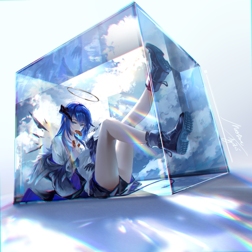 1girl, absurdres, ankle_boots, arknights, black_boots, black_gloves, black_shorts, blue_eyes, blue_hair, boots, commentary_request, cube, curled_horns, detached_wings, donut, energy_wings, food, full_body, gloves, halo, hand_on_own_stomach, highres, holding, holding_donut, holding_food, horns, in_container, in_cube, jacket, lace-up_boots, lens_flare, long_hair, looking_at_viewer, mostima_(arknights), mouth_hold, off_shoulder, open_clothes, open_jacket, shirt, shorts, signature, sitting, solo, tail, white_shirt, wings, z_05