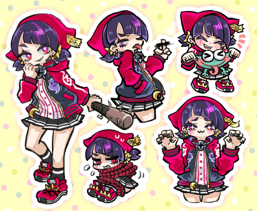 >_<, +_+, 1girl, :3, animal, baseball_bat, black_hair, black_nails