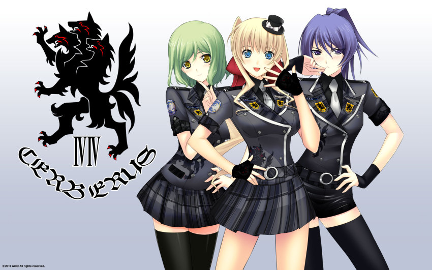 3girls, :d, black_legwear, blonde_hair, blue_eyes, blue_hair, blush, finger_to_mouth