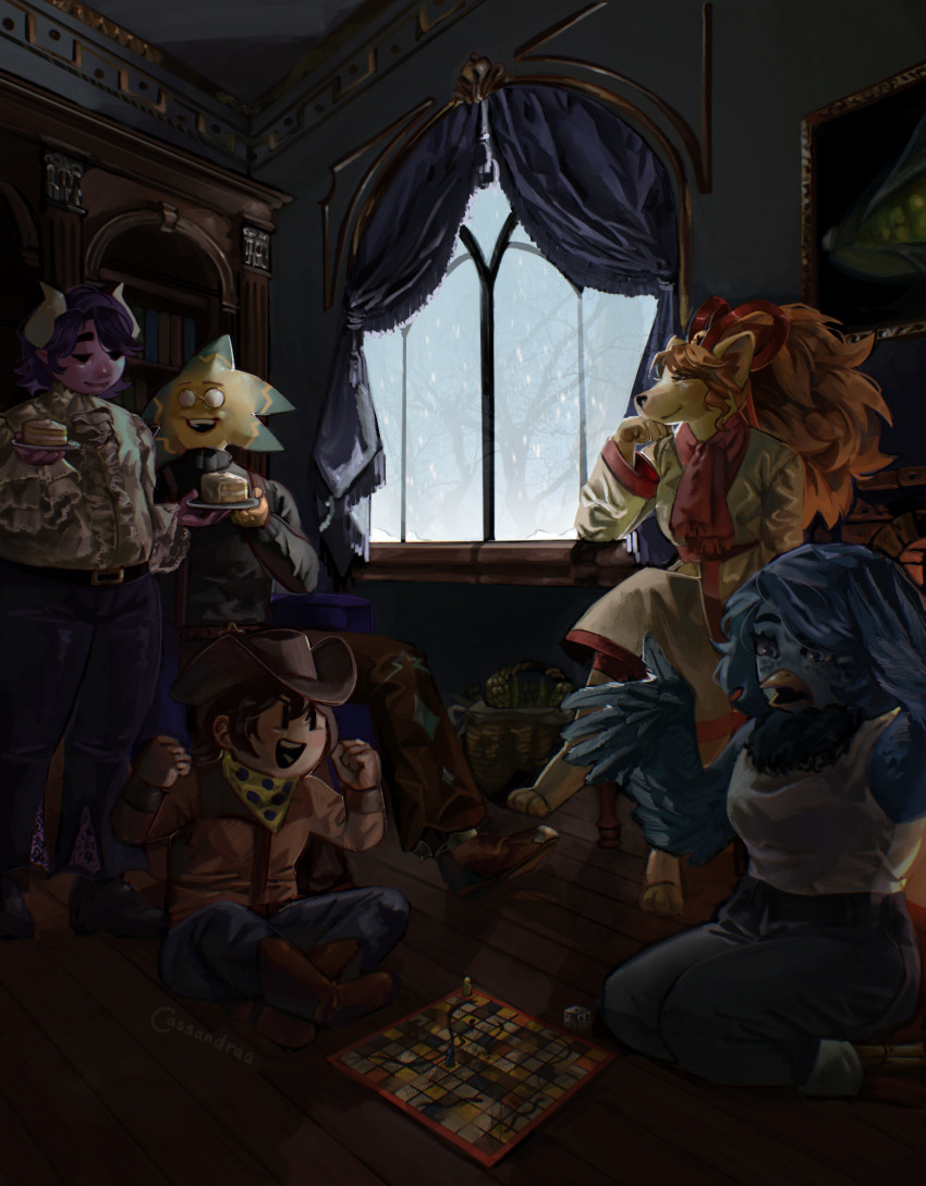 1other, 2boys, 2girls, beak, belt, bird_girl, blue_hair, blue_pants