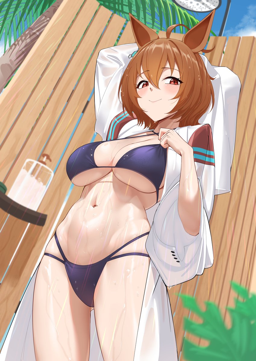 1girl, agnes_tachyon_(umamusume), ahoge, animal_ears, bikini, black_bikini, chemical_structure, cowboy_shot