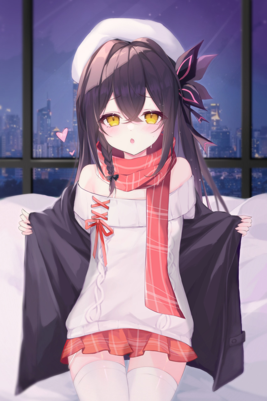 1girl, :o, bare_shoulders, bed, beret, black_bow, black_hair, black_jacket