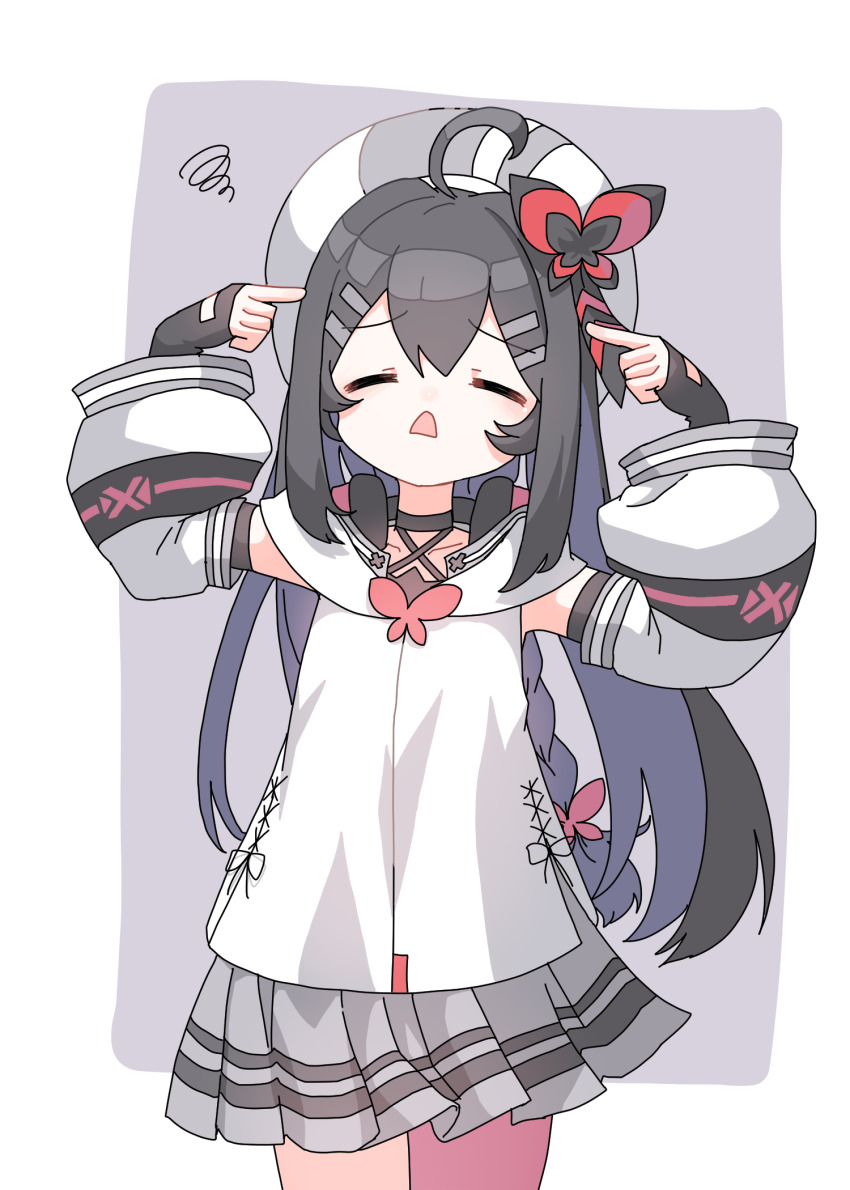 1girl, ahoge, beret, black_gloves, black_hair, braid, butterfly_hair_ornament, choker