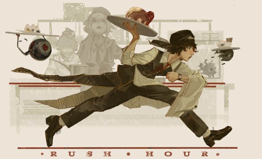 3others, beanie, black_hair, black_hat, black_pants, black_shoes, black_vest, book_of_the_cafe