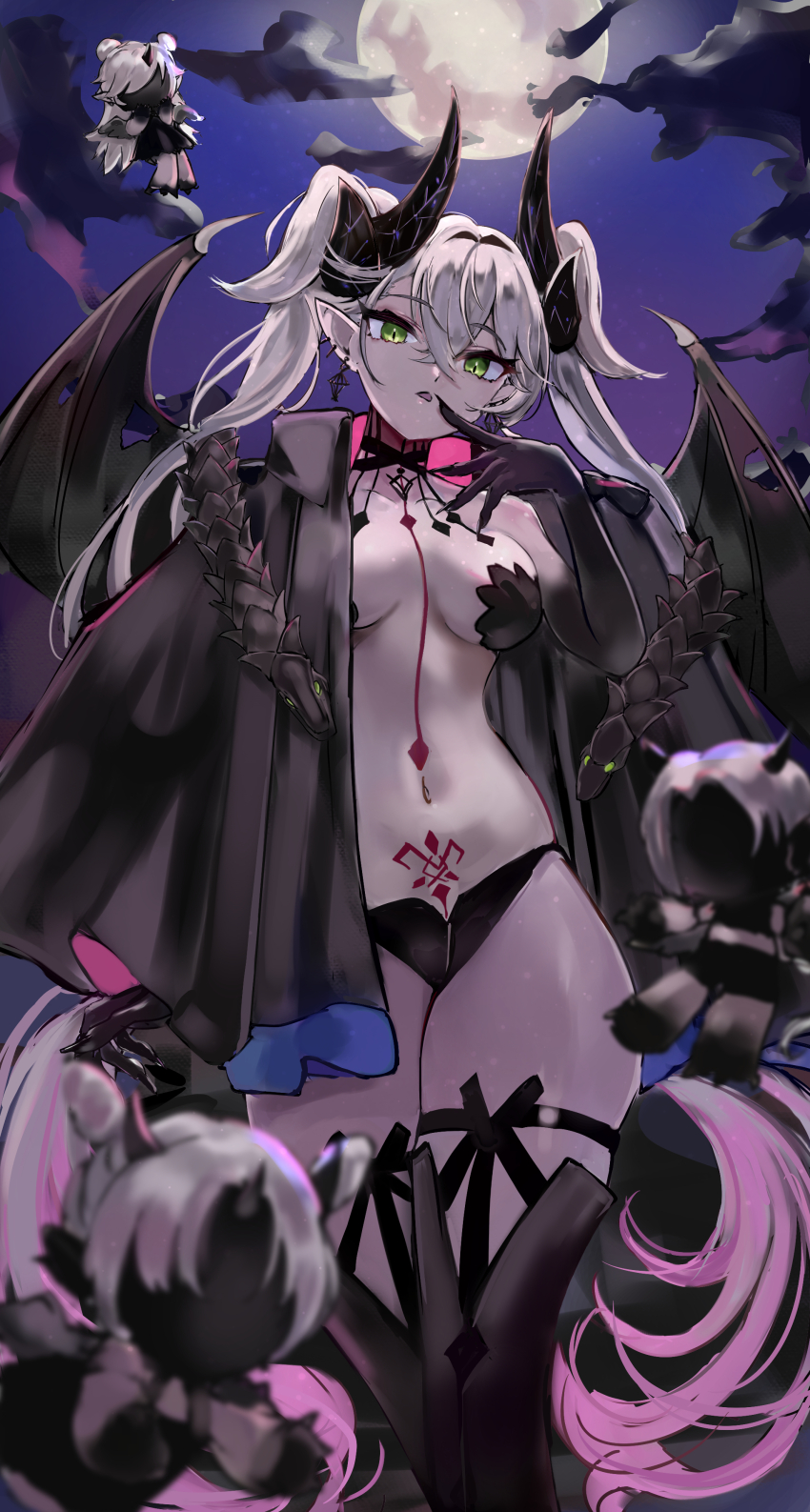 4girls, absurdres, black_cloak, black_hands, black_panties, black_thighhighs, body_markings, breasts