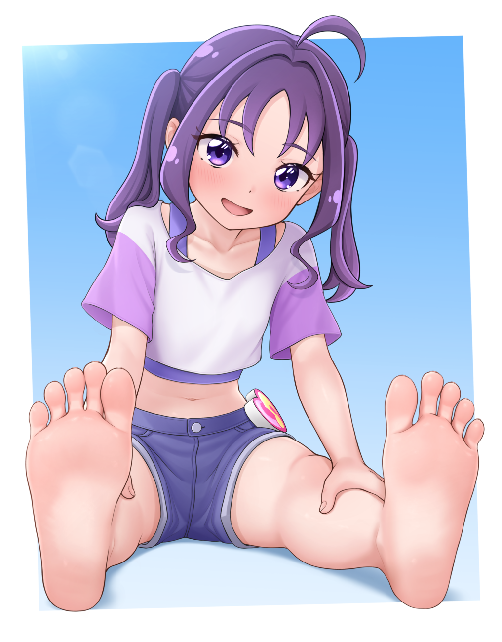 1girl, ahoge, barefoot, blue_shorts, blush, cropped_shirt, denim, denim_shorts