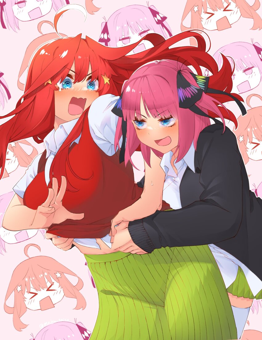 >_<, 2girls, @_@, absurdres, ahoge, black_jacket, blazer, blue_eyes