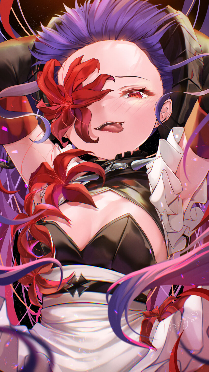 1girl, absurdres, apron, arms_behind_head, azur_lane, breasts, commentary, cross