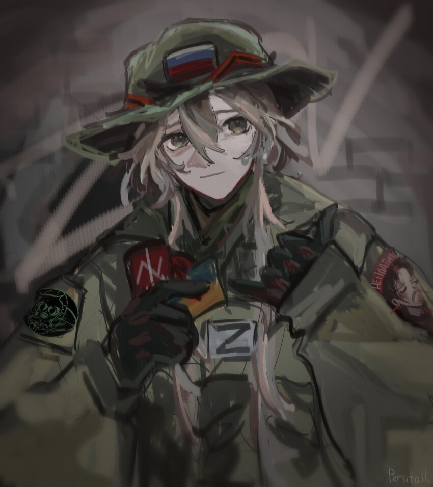 1girl, black_gloves, blonde_hair, blurry, blurry_background, boonie_hat, flag_patch, gloves
