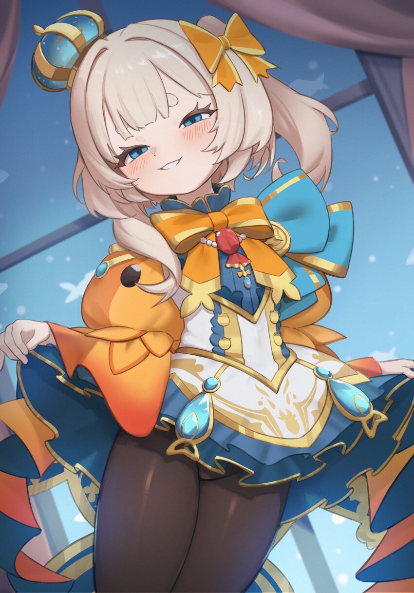 1girl, absurdres, blue_dress, blue_eyes, blush, bow, bowtie, chachironi3, clothes_lift, crown, dress, dress_lift, fish, grey_hair, hair_bow, highres, lifting_own_clothes, long_sleeves, marimari_(vtuber), marimari_(marimari_2.0)_(vtuber), mini_crown, orange_bow, orange_bowtie, pantyhose, phase_connect, side_ponytail, smile, solo, virtual_youtuber, window