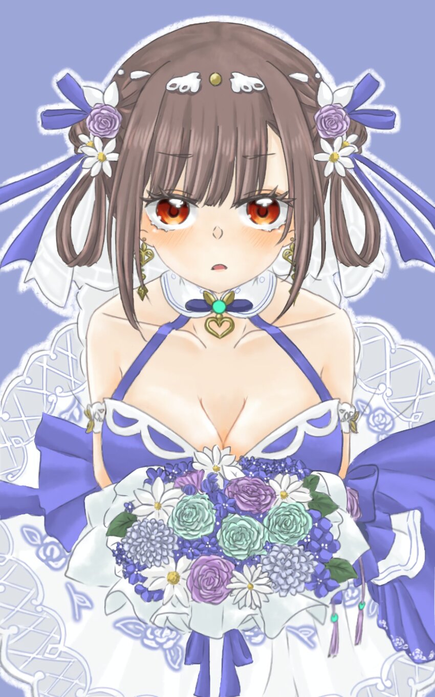 1girl, blue_dress, breasts, bride, cleavage, collarbone, dress, heaven_burns_red, highres, holding, koto_tooko, large_breasts, li_yingxia, li_yingxia_(azure_gorgeous_beauty), official_alternate_costume, orange_eyes, sleeveless, solo, wedding_dress