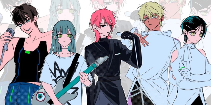 1girl, 1other, 3boys, alien_stage, black_coat, black_eyes, black_gloves, black_hair