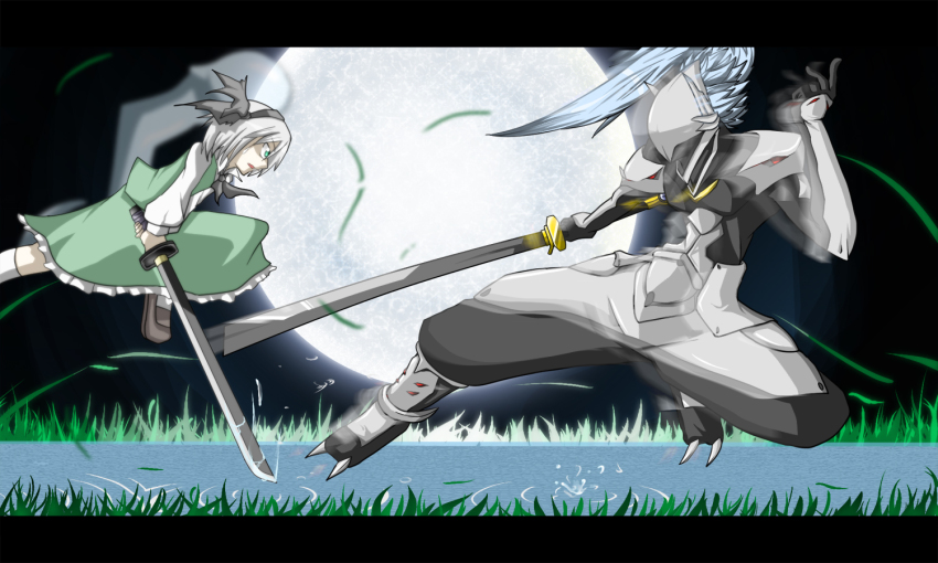 1boy, 1girl, arc_system_works, blazblue, blazblue:_calamity_trigger, fighting, hakumen, katana, konpaku_youmu, konpaku_youmu_(ghost), long_hair, moon, nature, night, outdoors, plant, ponytail, short_hair, skirt, sky, sword, touhou, weapon, white_hair, yosibou
