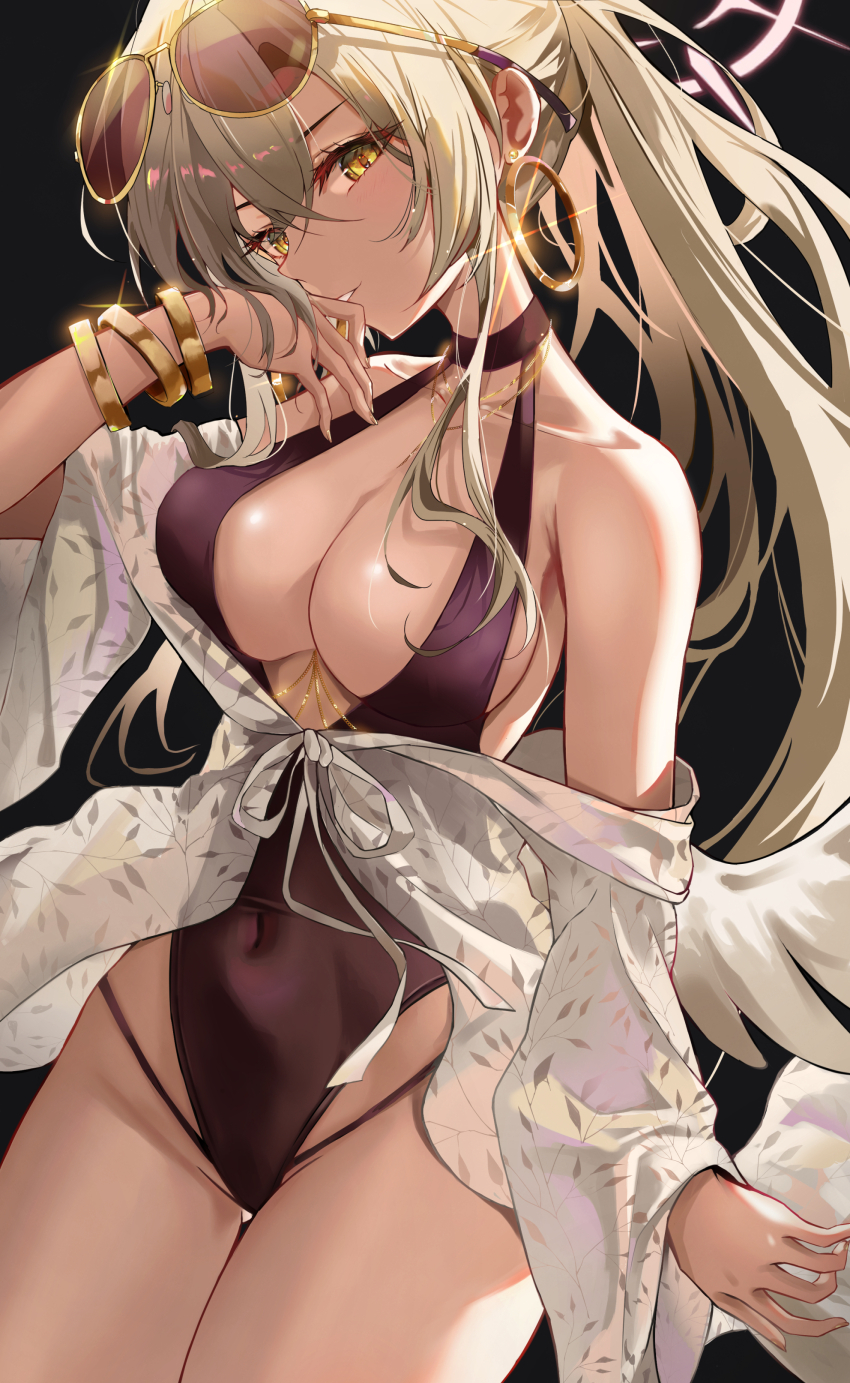 1girl, absurdres, black_one-piece_swimsuit, blue_archive, bracelet, breasts, brown-tinted_eyewear, brown_hair