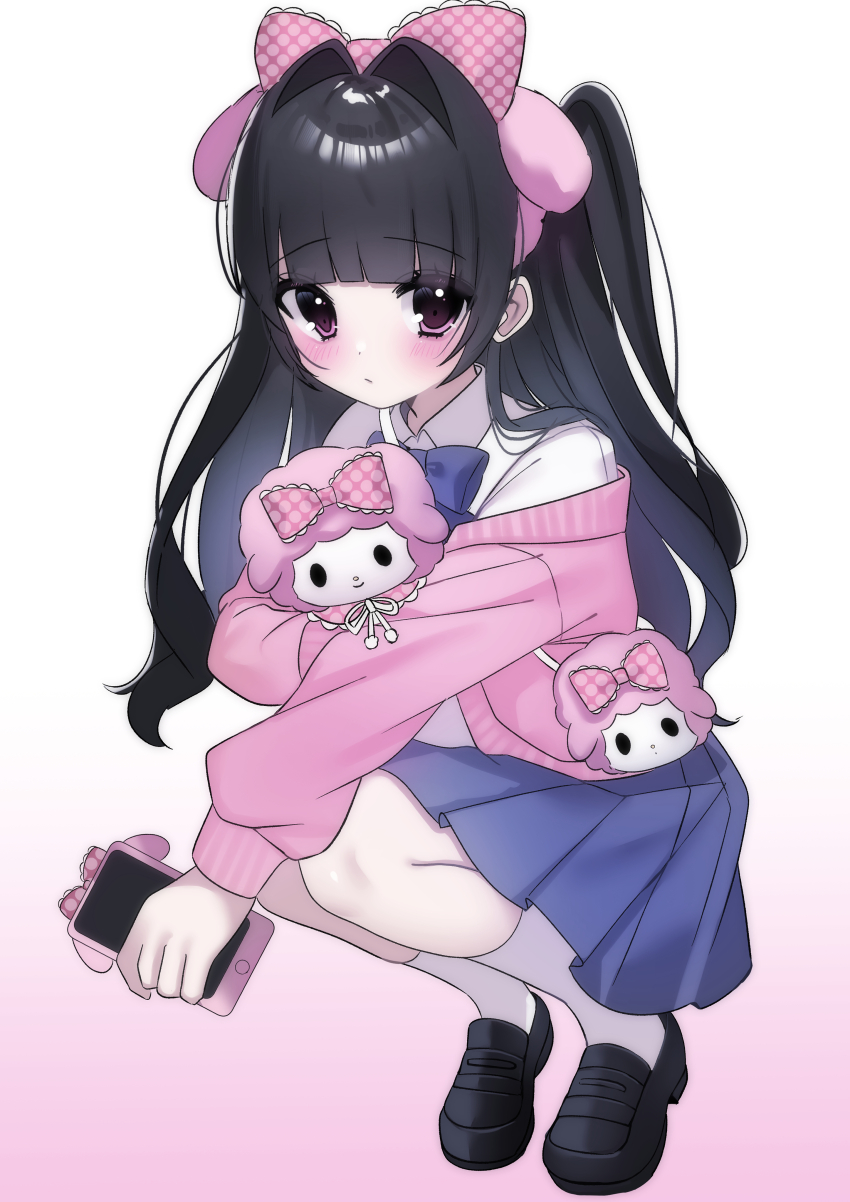 1girl, absurdres, animal_ear_hairband, animal_ears, black_shoes, blue_bow, blue_skirt, blunt_bangs