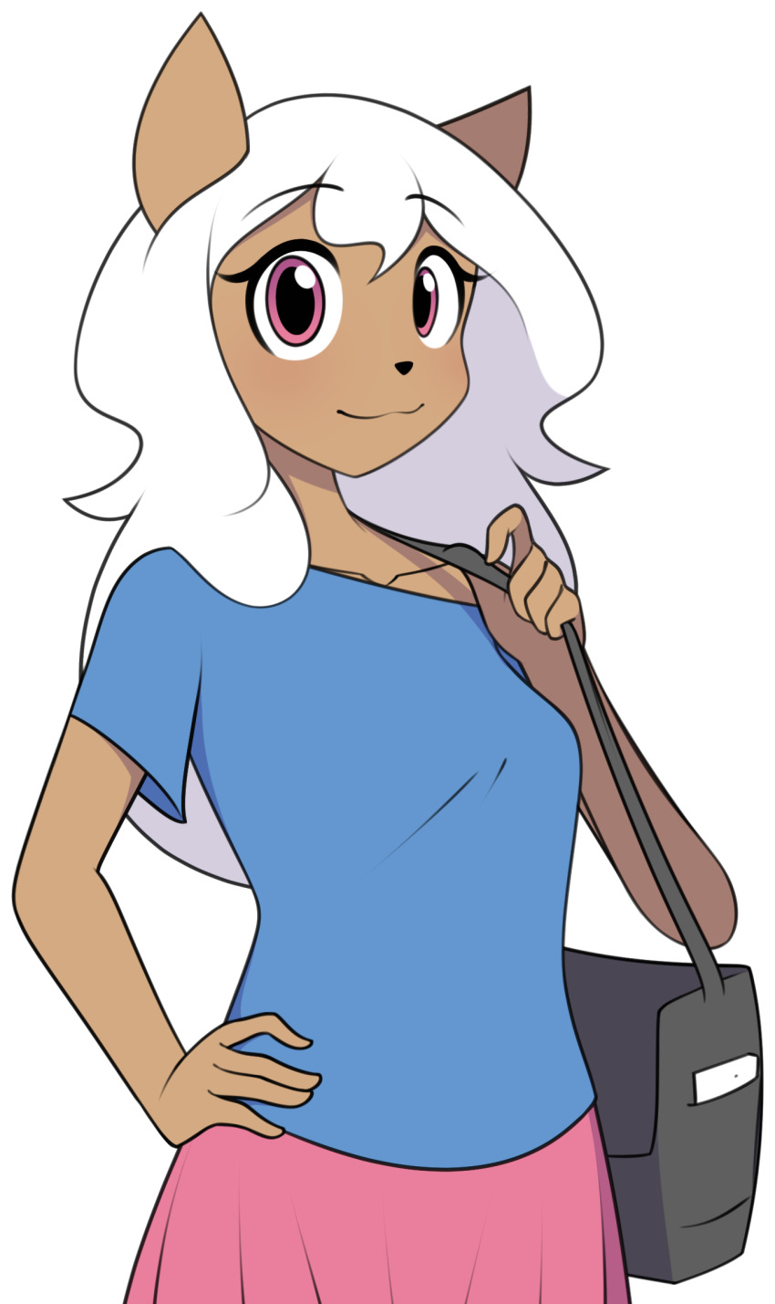 animal_ears, animal_nose, bag, black_bag, blue_skirt, breasts, collarbone, dark-skinned_female