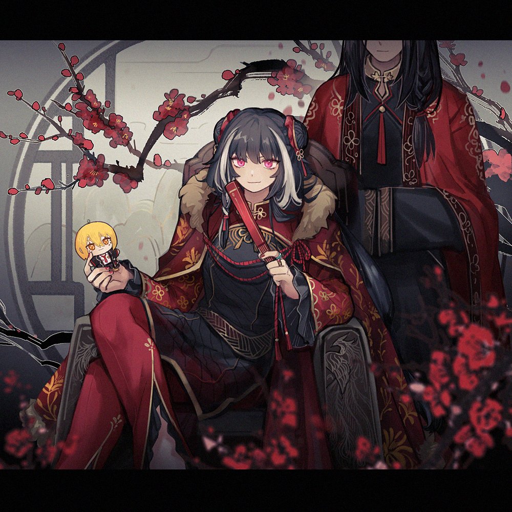 1boy, 1girl, alternate_costume, black_dress, black_hair, character_doll, coat, coat_on_shoulders