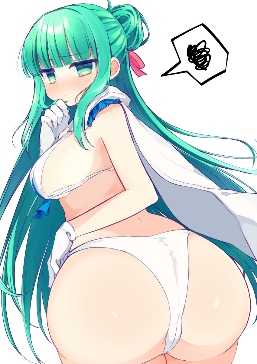 1girl, :t, absurdres, ass, bikini, blue_bow, blunt_bangs, blush, bow, bow_bikini, breasts, cameltoe, cape, closed_mouth, commentary_request, cowboy_shot, curvy, embarrassed, eyelashes, from_behind, gloves, green_eyes, green_hair, hair_bun, hair_ribbon, half_updo, hand_up, highres, ibispaint_(medium), large_breasts, long_hair, looking_at_viewer, looking_back, nose_blush, nukigee_mitai_na_shima_ni_sunderu_watashi_wa_dou_surya_ii_desu_ka?, pink_ribbon, pout, reizeiin_touka, ribbon, sideboob, sidelocks, simple_background, single_hair_bun, solo, speech_bubble, spoken_squiggle, squiggle, straight_hair, swimsuit, very_long_hair, white_background, white_bikini, white_cape, white_gloves, yasonomugi